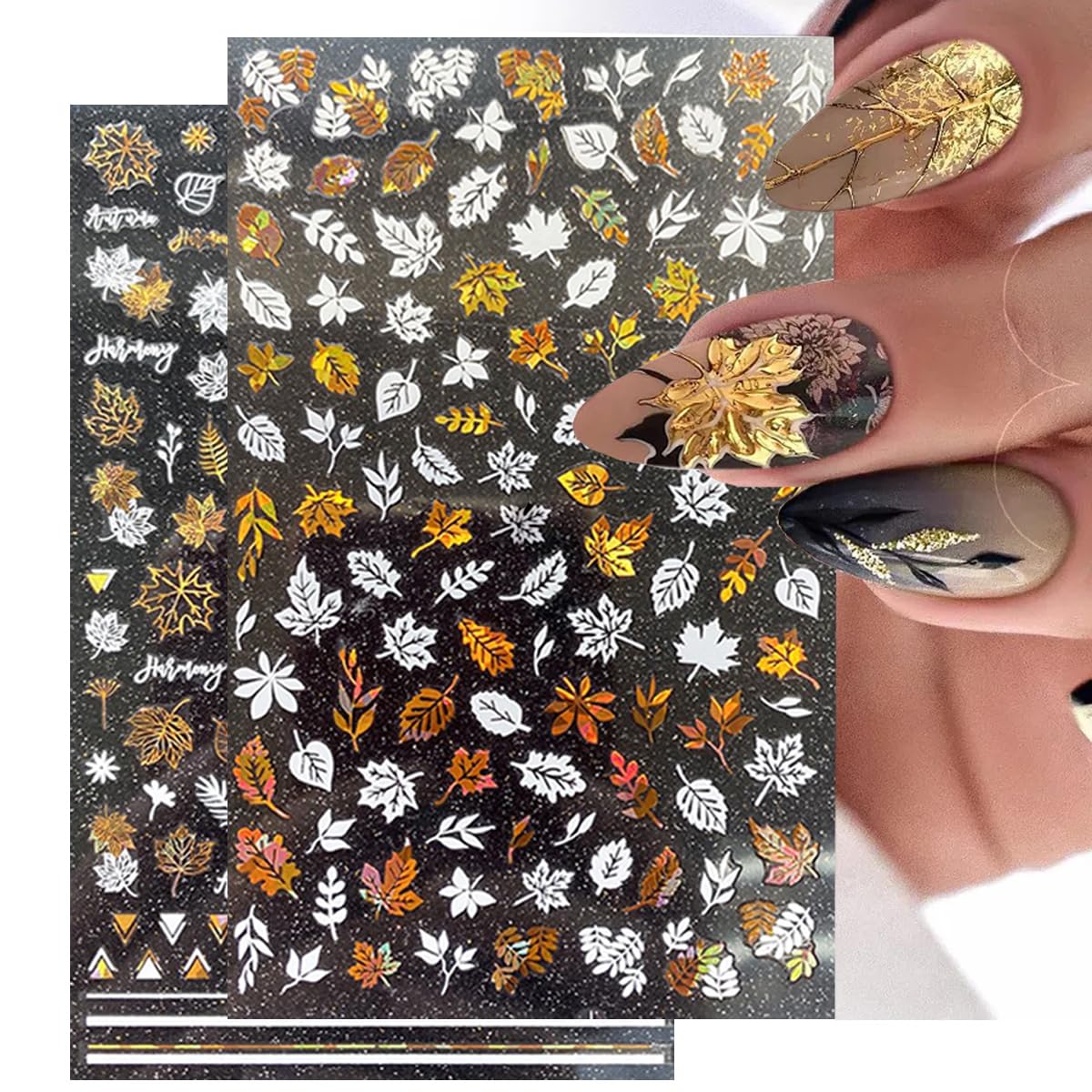 8Sheets Gold Maple Leaf Nail Stickers - 3D Fall Holographic Autumn Nail Art Sticker Maple Leaves Design Foils Laser Shiny DIY Thanksgiving Day Manicure Accessories