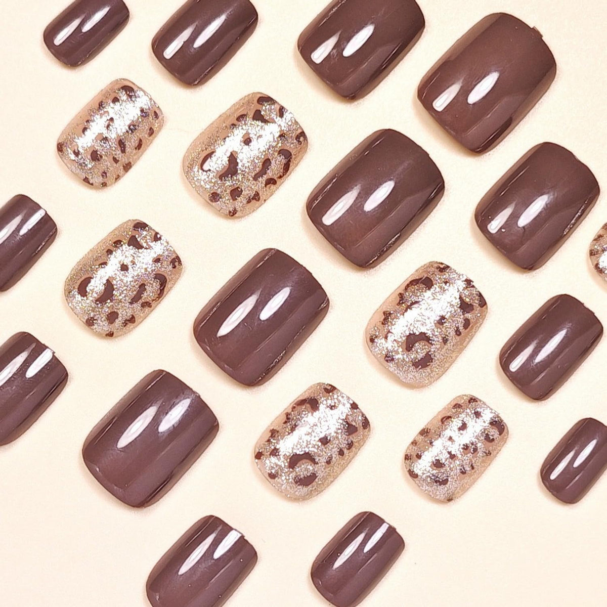 24 Pcs Leopard Print French Tip Press on Nails with Glitter Designs Glossy Brown False Nails Short Square Fake Nail Full Cover Acrylic Glue on Nails for Women DIY Manicure Nail Decoration