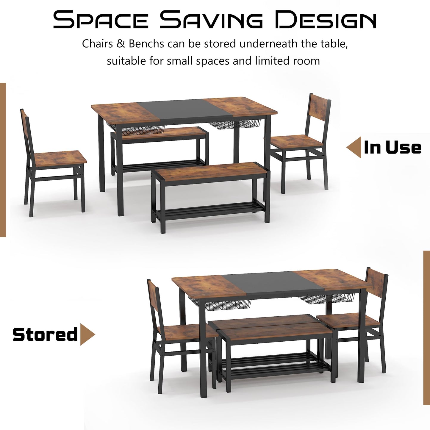 NAIYUFA Dining Table Set for 4-6 People,Industrial Dining Table with 2 Benches and 2 Chairs,Kitchen Table Set with Storage Rack for Dining Room,Saving Space,Rustic Brown