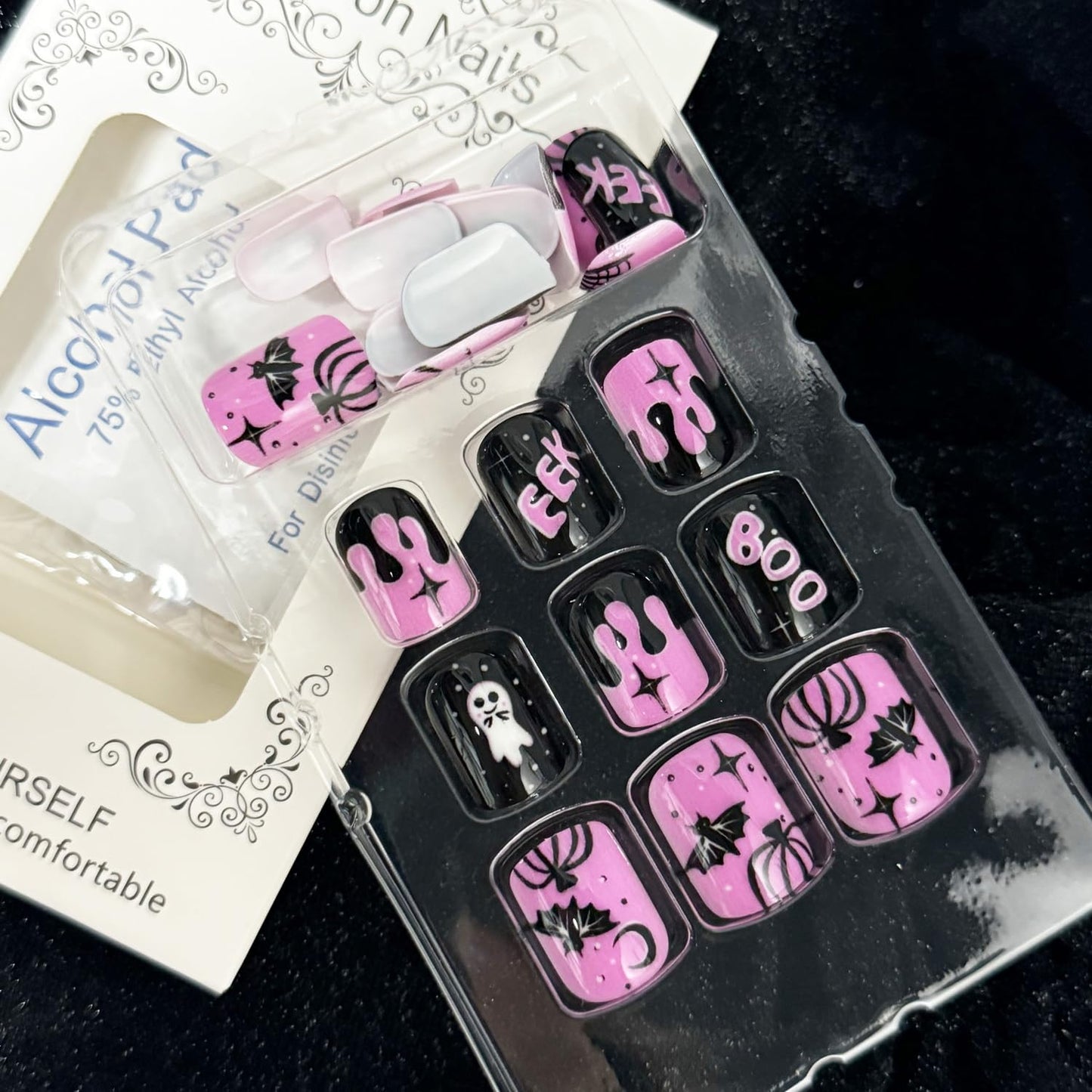 Short Halloween Press on Nail Square Fake Nails Black Pink False Nails Glossy Reusable Stick on Nail with Ghost Blood Spider Web designs Acrylic Artificial Nails for Women Kids Party Manicure24pcs