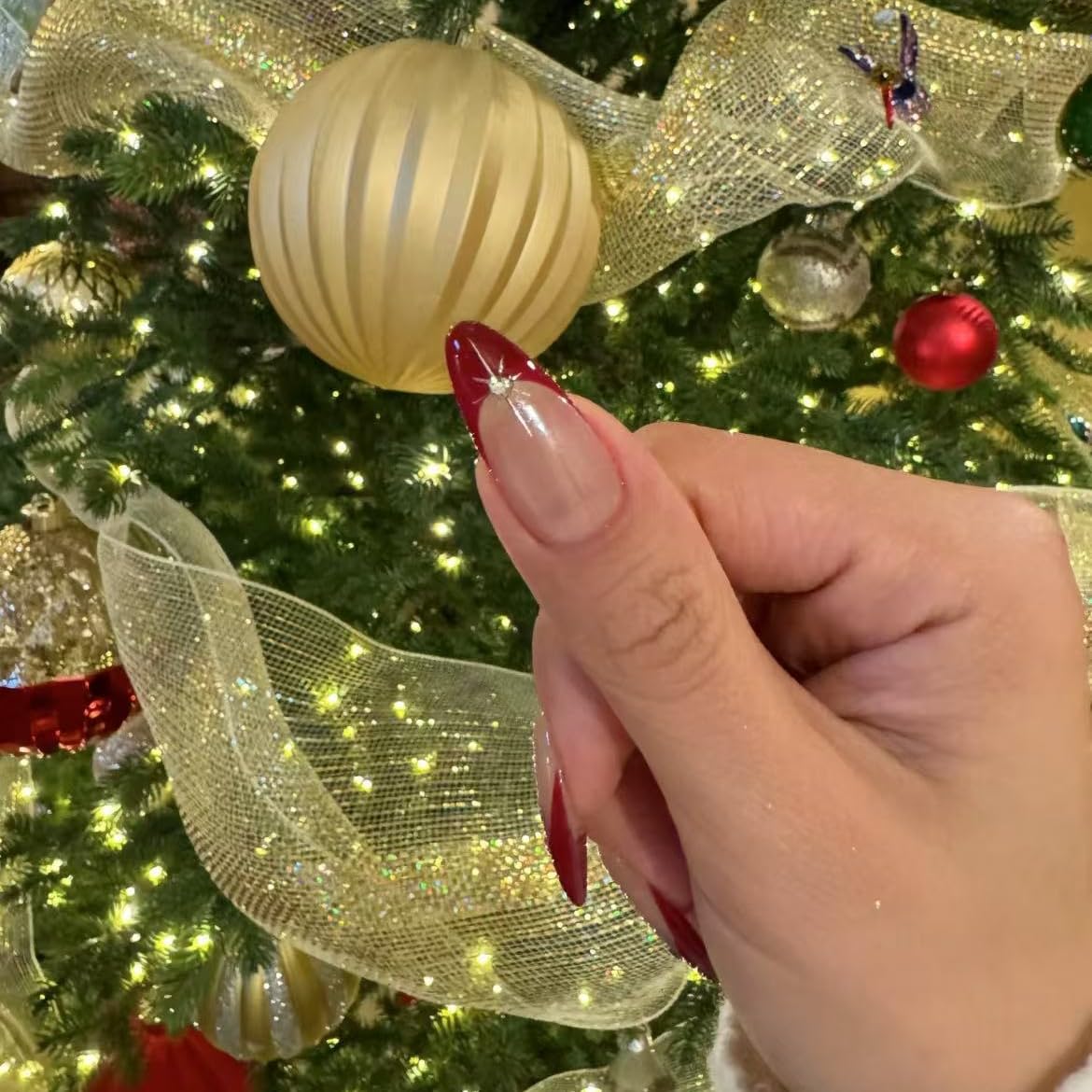 Handmade Red French tip Press on Nails Christmas long style Almond Fake Nails with Glue Full Cover Glossy False Nails Stick on Nails for Women Manicure Aurora Powder Decoration 10PCS (MT-124-L)