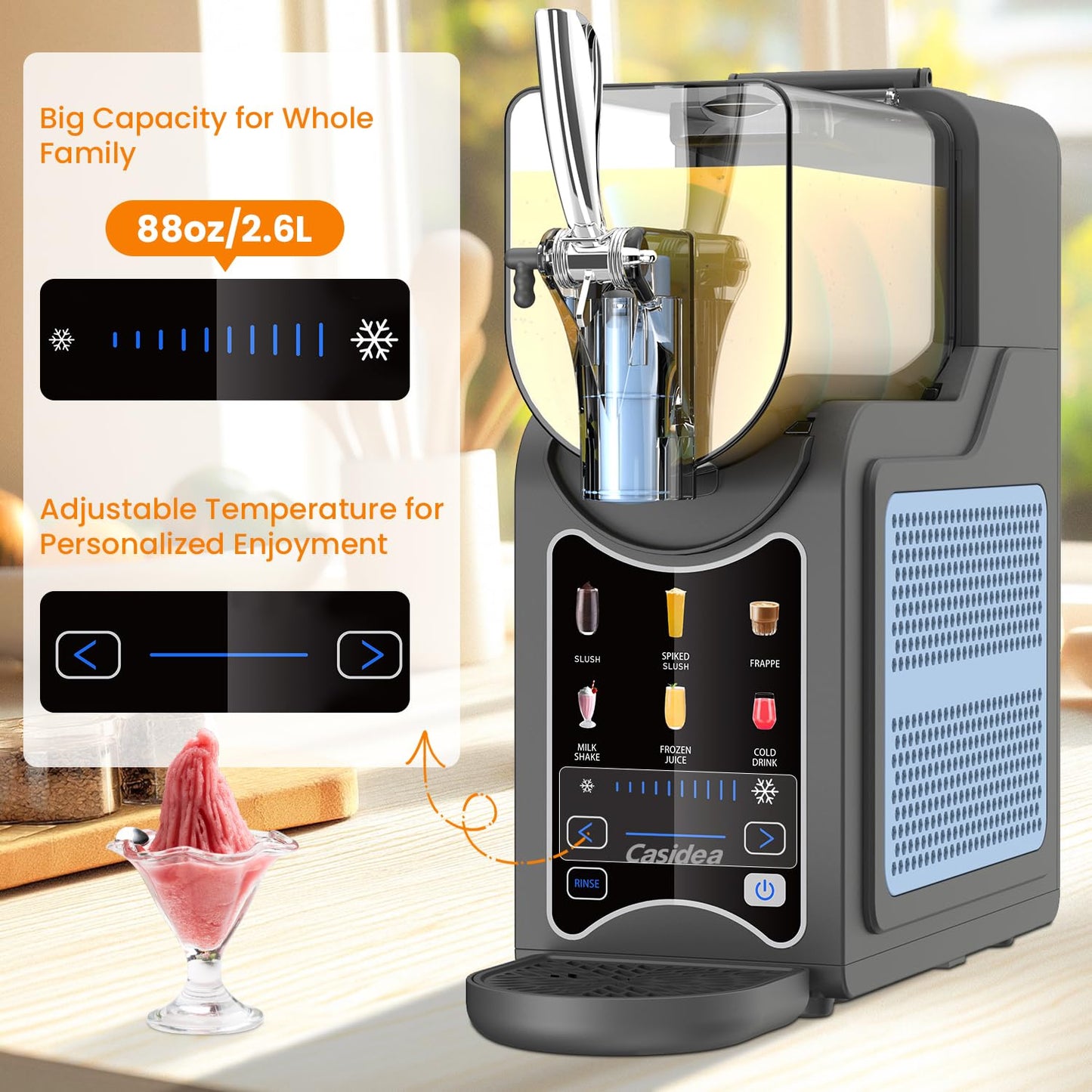 CASIDEA 6 in 1 Slushie Machine for Home, No Ice Needed Slushy Machine 88oz Frozen Drink Maker, Bigger Tank, Auto Clean, Easy to Make Slush, Juice, Frappe, Milk Shake, Cold Drink and Cocktail