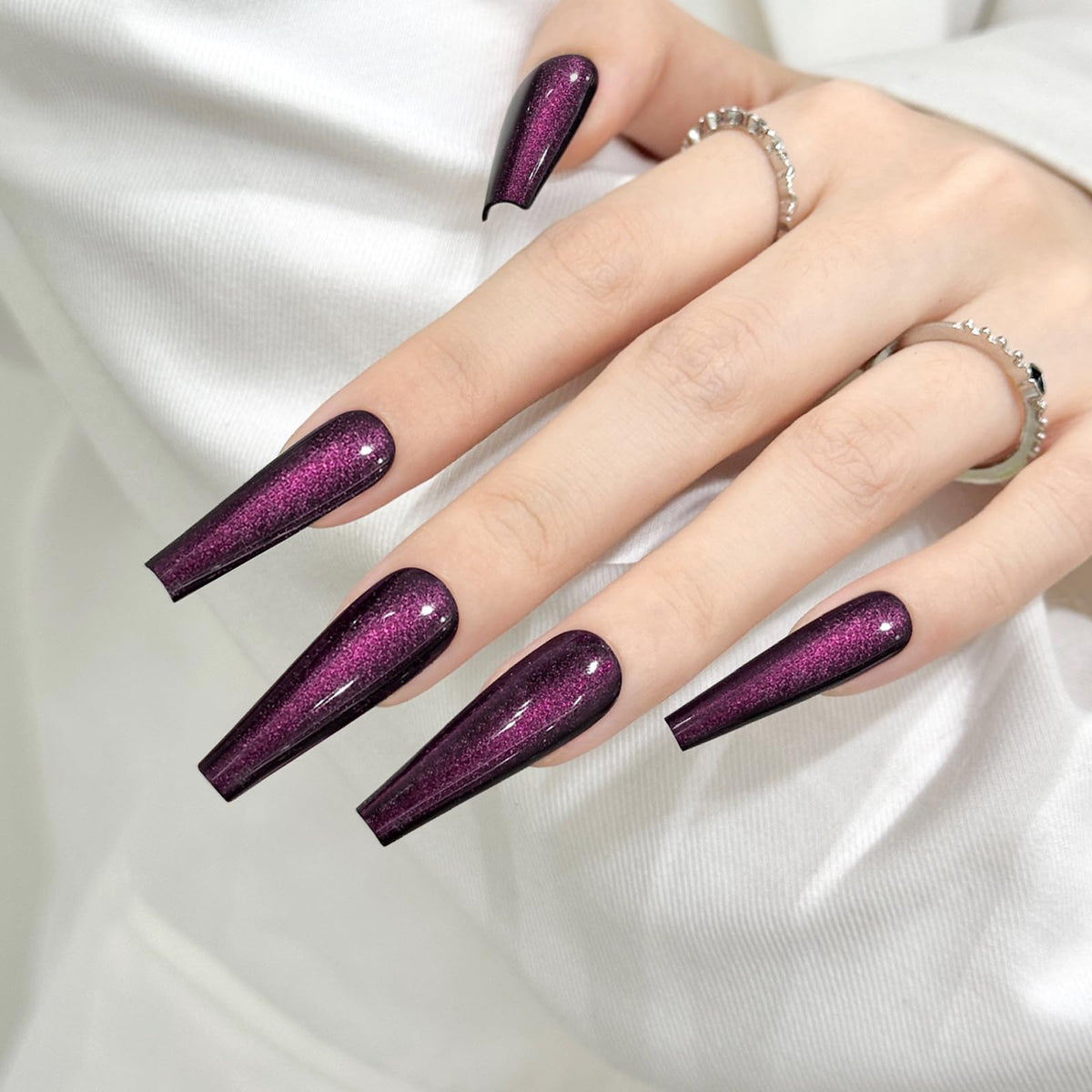 Dark Purple Cat Eyes Press On Nails,12 Sizes - 24 Pcs Soft Gel Purple Long Coffin Fake Nails Kit with Nail Glue, Natural Reusable Stick On False Nails for Women and Girls SK1045