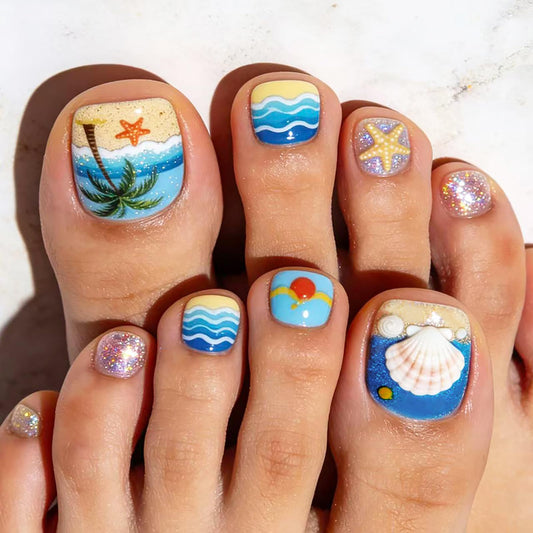 24Pcs Summer Press on Toenails,Short Square Fake Toenails with Coconut Trees Shells Glitter Designs Starfish Wave Beach Toe Nail Press Ons Acrylic Glossy Stick on Toe Nails for Women Girls
