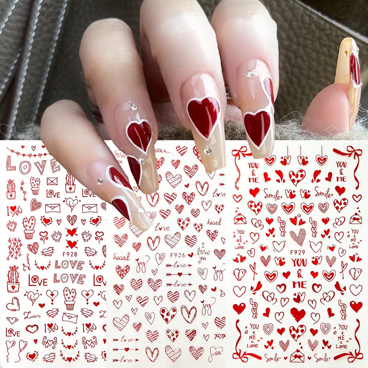 8 Sheets Heart Nail Art Stickers - Love Hearts Nail Decals for Women 3D Self Adhesive Valentine’s Day Nail Art Supplies Laser Red Heart Glitter Designs for Valentine’s Romantic DIY Manicure Decoration