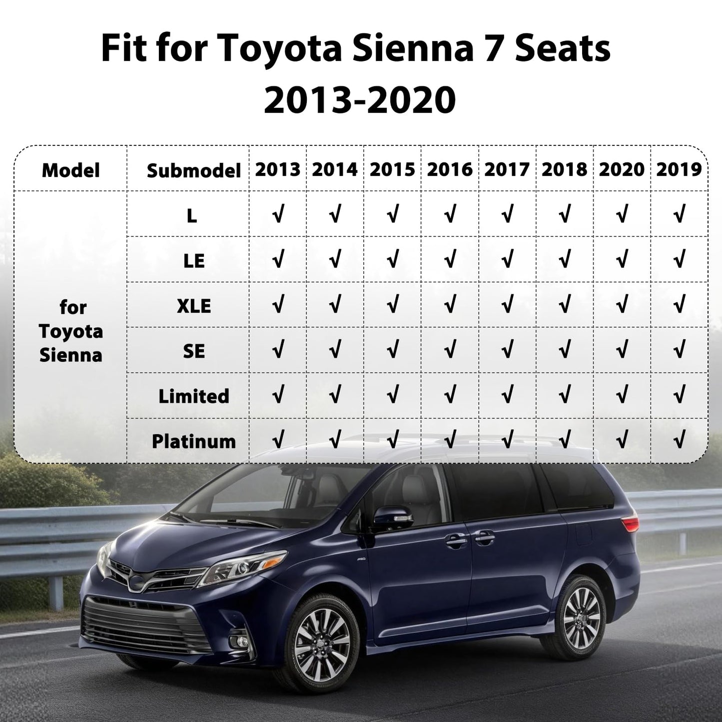 Floor Mats for Toyota Sienna 2013-2020 (NOT Limited & Premium), All Weather TPE Floor Liners Custom Fit Sienna Heavy Duty Car Accessories mat Set, Front & 2nd Row & 3rd Mat Odorless Anti Slip