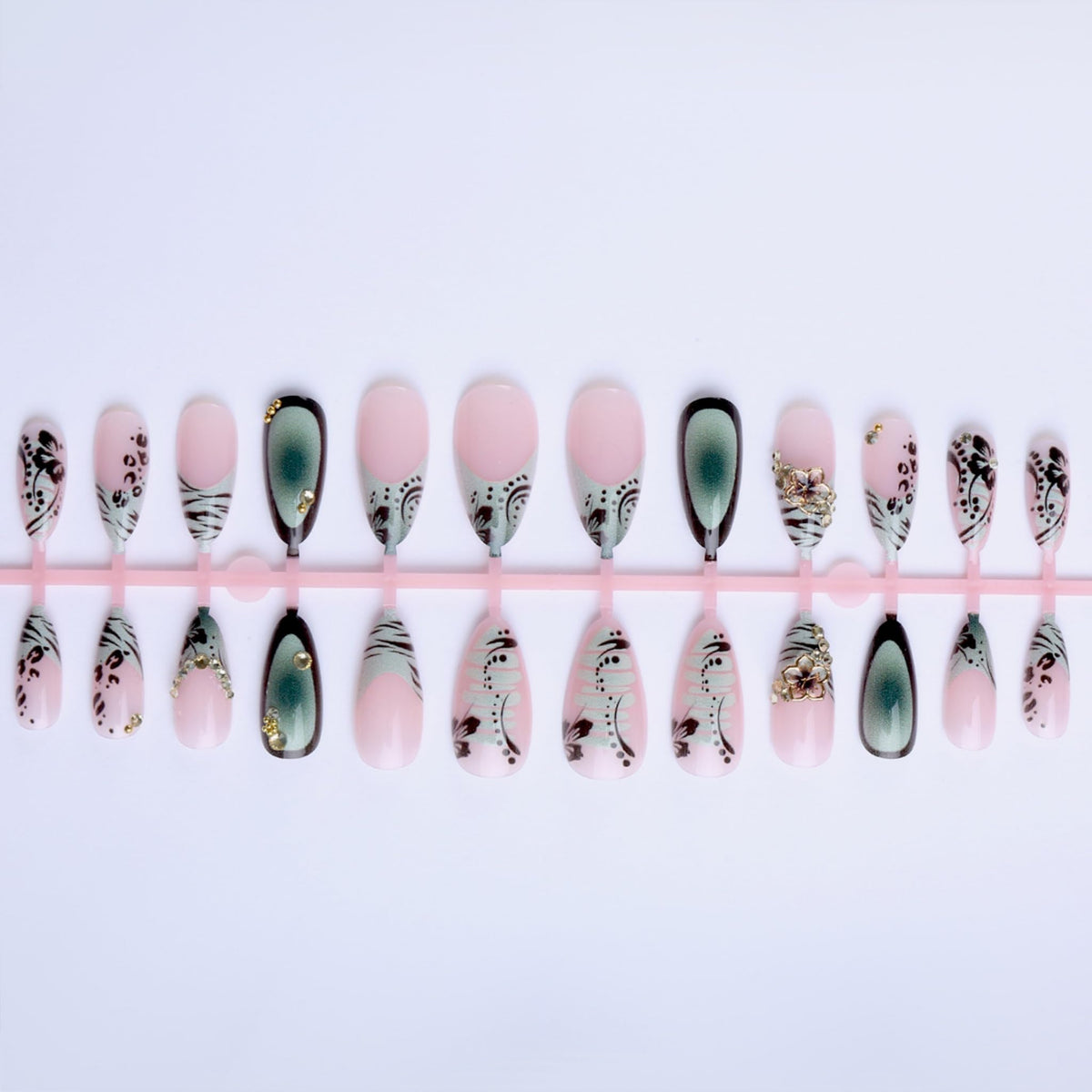 Medium Press on Nails Almond Fake Nails Green Artificial Nail Animal Print Stick on Nail with Black Tip Metal Flower Rhinestone Accent for Women 24pcs