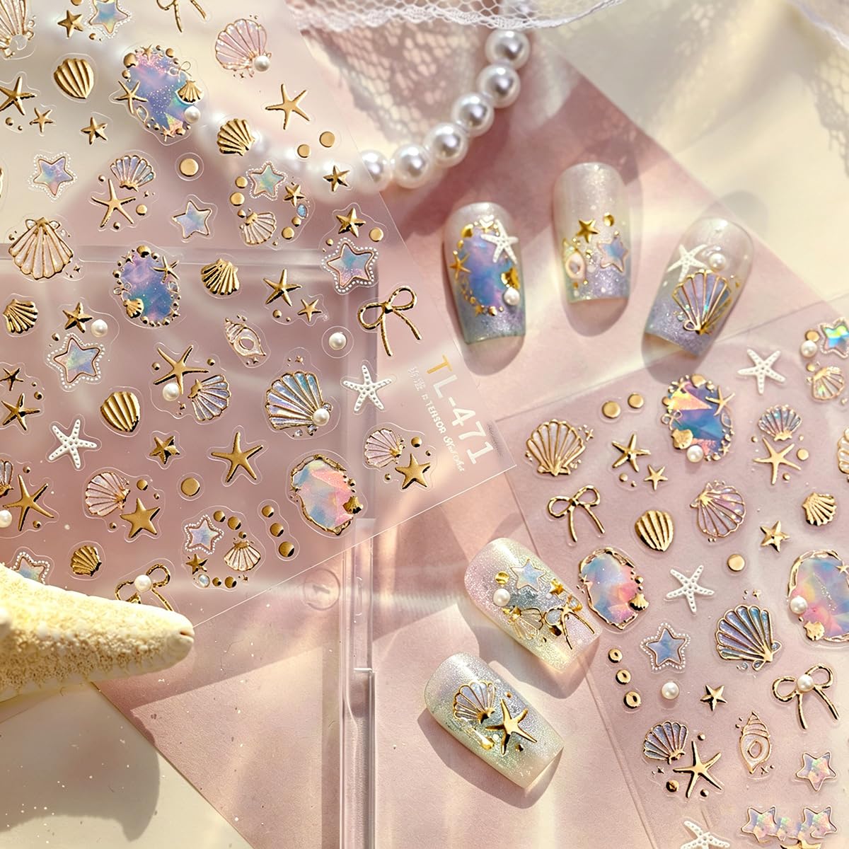 Summer Ocean Nail Art Stickers 5D Embossed Seashell Starfish Nail Stickers Gold Foil Nail Decals with Bow Design Self-Adhesive Y2K Nail Accessories for Women Girls DIY Manicure 1 Sheet