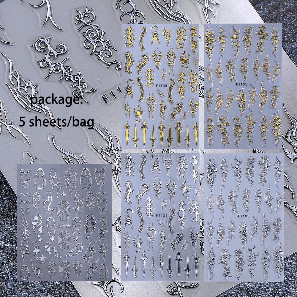 5 Sheets Gothic Nail Stickers for Nail Art, 3D Self-Adhesive Nail Decals Gold Silver Witchy, Nail Supplies Nail Art Designs Accessories for Women and Girls Manicure DIY Decoration