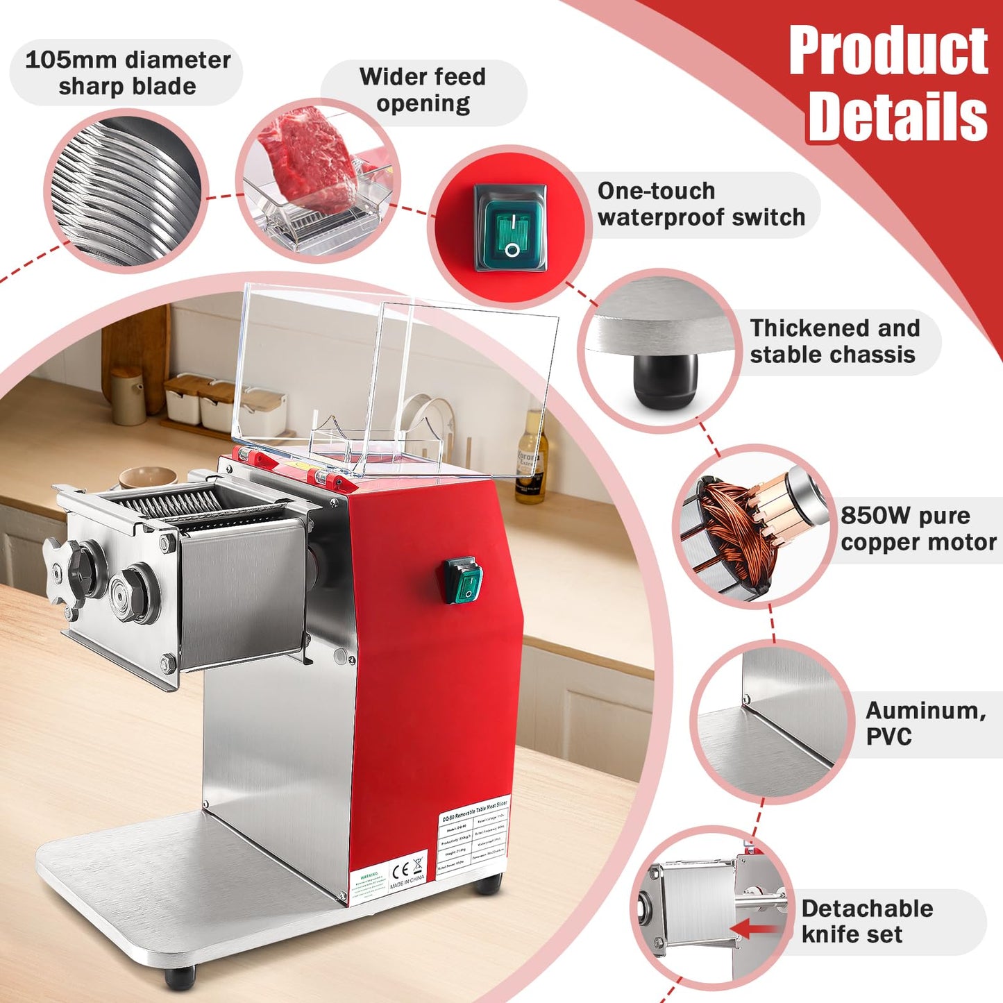 ARLUMA Meat Cutter Machine,850W Commercial Meat Cutting Machine Electric Stainless Steel Meat Slicer for Home Kitchen, Restaurant, Supermarket (8MM)