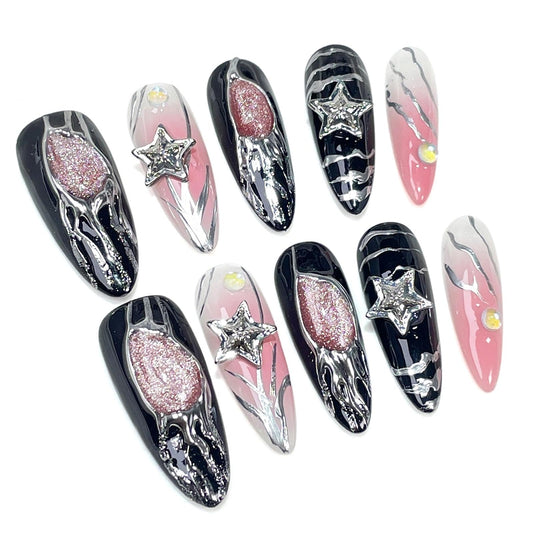 Handmade 3D Sweet Edgy Star Black Pink Stiletto Press On Nails, Metallic Stream Glitter Artisan Nails Set, Reusable Glossy Press-ons with Tool Kit(M)