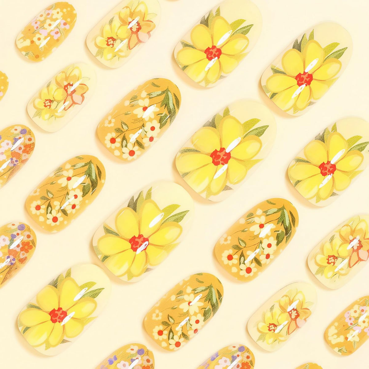 Summer Press on Nail Yellow Fake Nails with Floral designs Daisy False Nails Full Cover Medium Length Round Press ones Glossy Cute Glue on Nails for Women Manicure Decor24pcs