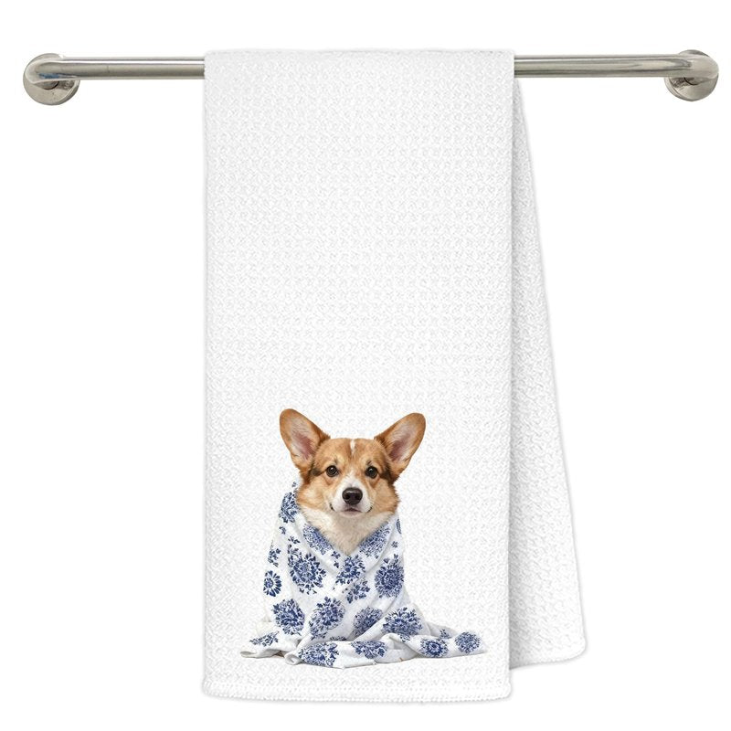 gsgfdshf Blue Chinoiserie Corgi Kitchen Towels 16x24 in, Corgi Lovers Gifts, Grandmillennial Floral Blanket Dog Decorative Hand Tea Dish Towels for Bathroom Kitchen