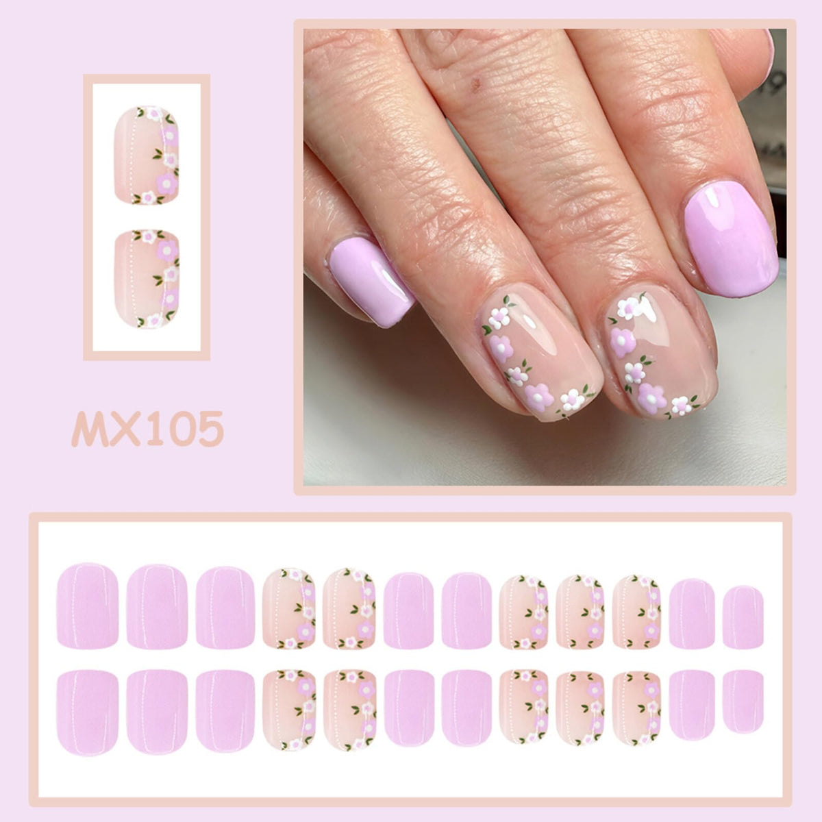 Floral Short Square Press on Nails Soft Nude Lavender Base Purple White Floral Accents Glossy Finish Reusable Spring Nails Easy Apply Fashion Party Wear Durable Trendy Women Girls Nail Art 24 Pcs