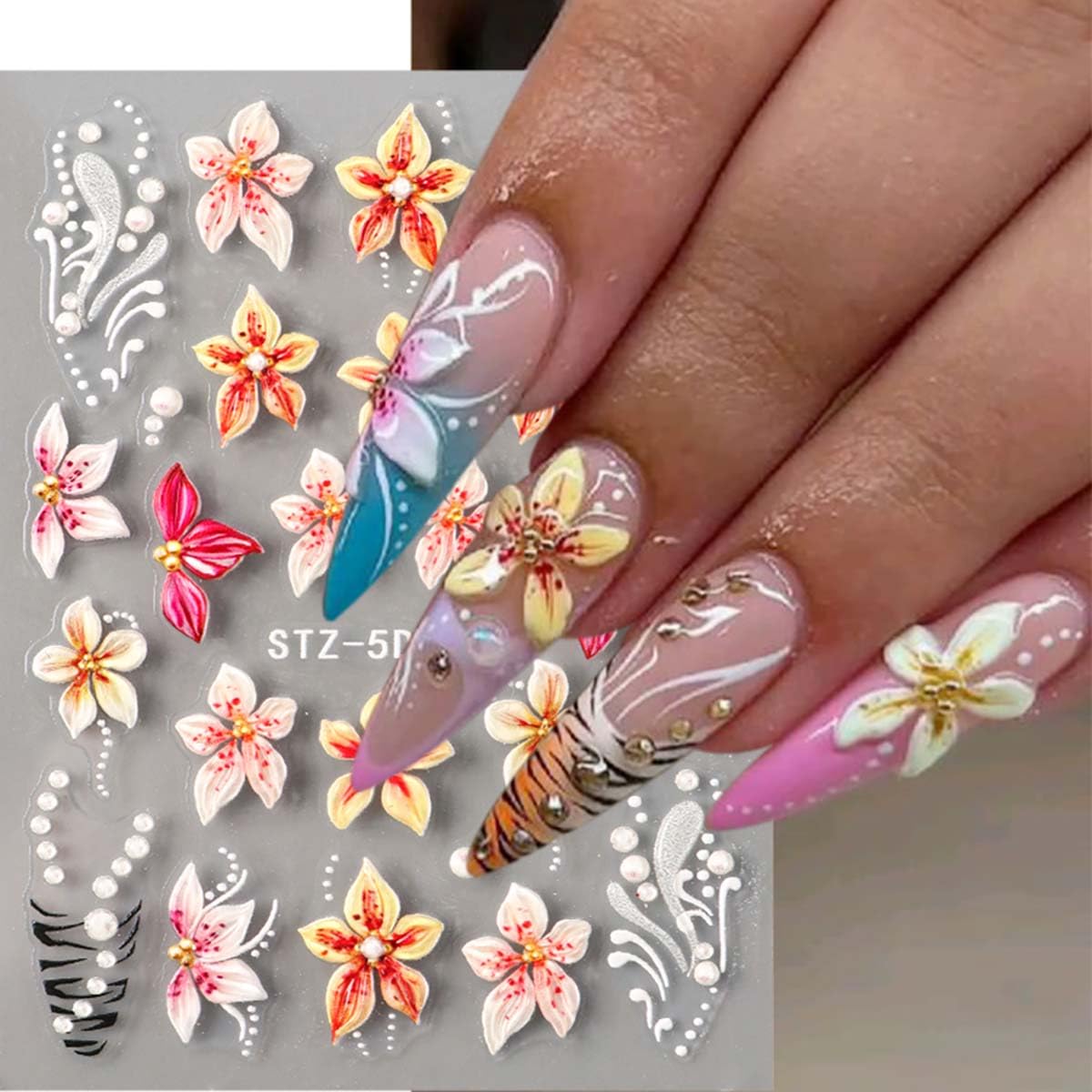 3 Sheets Flower Nail Stickers Cherry Lily Nail Decals 5D Self-Adhesive White Blue Pink Gradient Floral Nail Art Stickers Spring Summer Nail Decoration for Women DIY Manicure Supplies