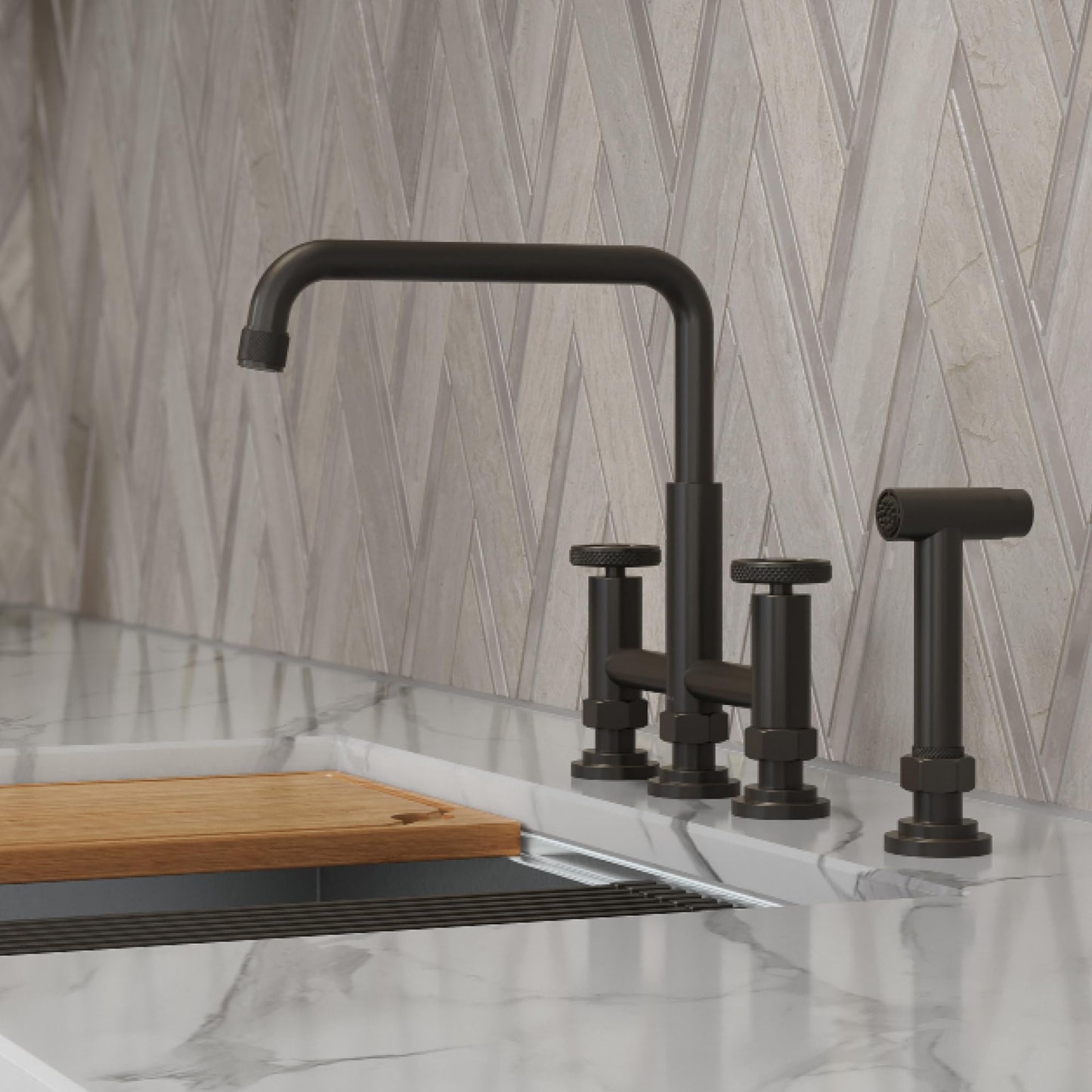 KRAUS Urbix Industrial Bridge Kitchen Faucet with Side Sprayer in Brushed Gold, KPF-3125BG