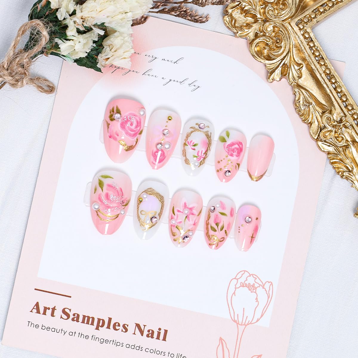 24Pcs Flower Press on Nails Almond Short Fake Nails with Pearl Rhinestones Design Handmade Acrylic Nails Pink Rose Glue on Nail 3D Gold Chrome French Tip False Nails Cute Floral Bow Artificial Nail