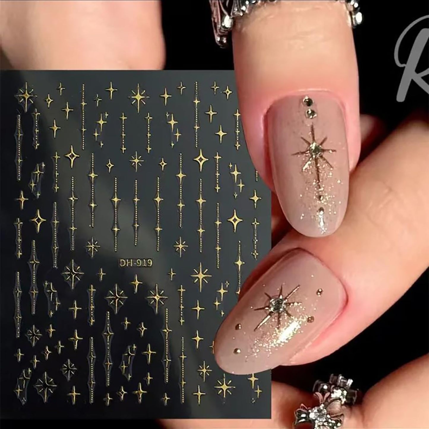CJDLTS 6 Sheets Stars Nail Art Stickers 3D Self -Adhesive Gold Silver White Black Laser Stars Nail Decals Holographic Glitter Starlight Nails Stickers for Women Acrylic Nails Decoration Supplies