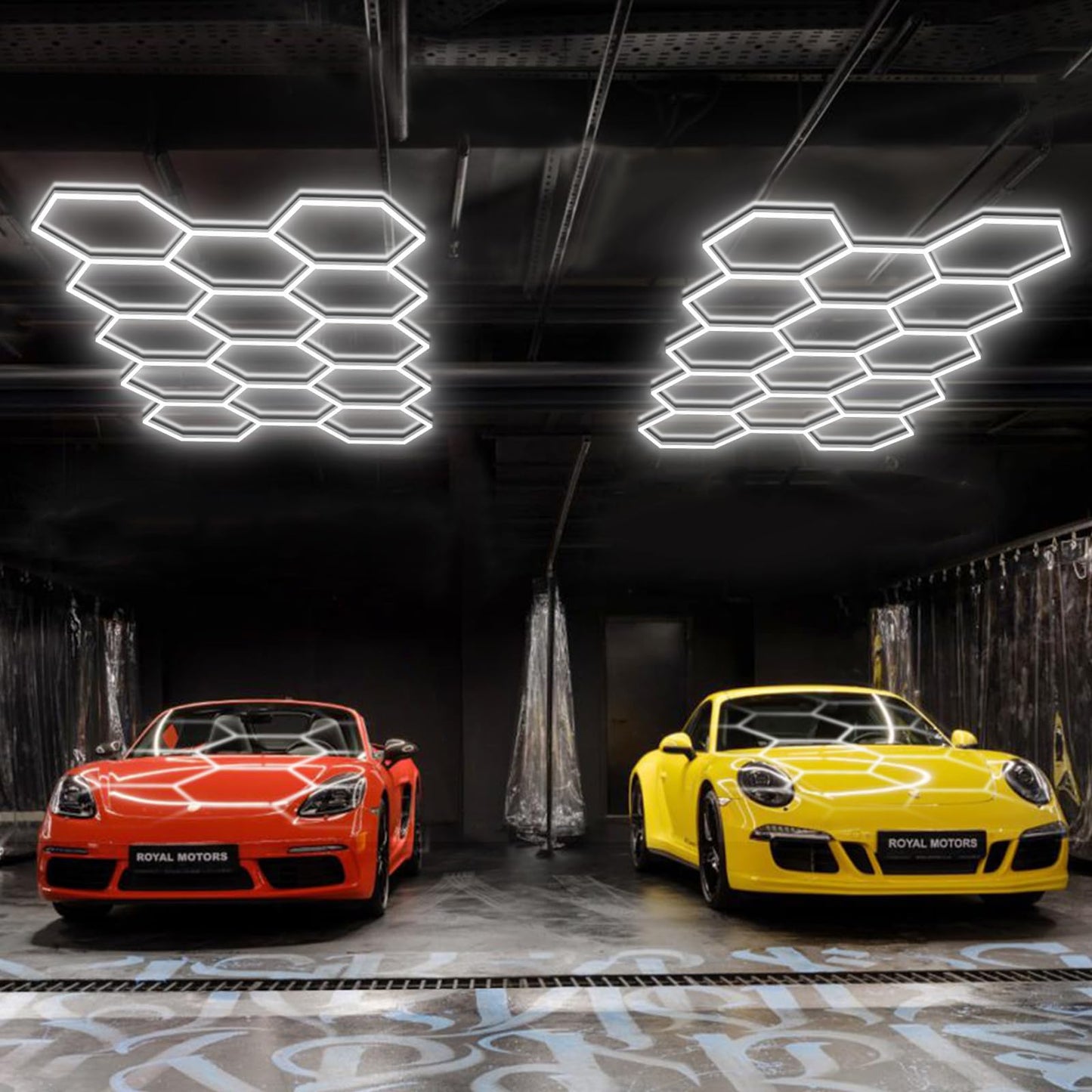BRILLIHOOD Hexagon Garage Lights, 10-100% Dimmable LED Honeycomb Lights, 54720LM, 6500K Super Bright, 14 Grid Systems Car Detailing Lighting for Warehouse Workshop Basement Gym