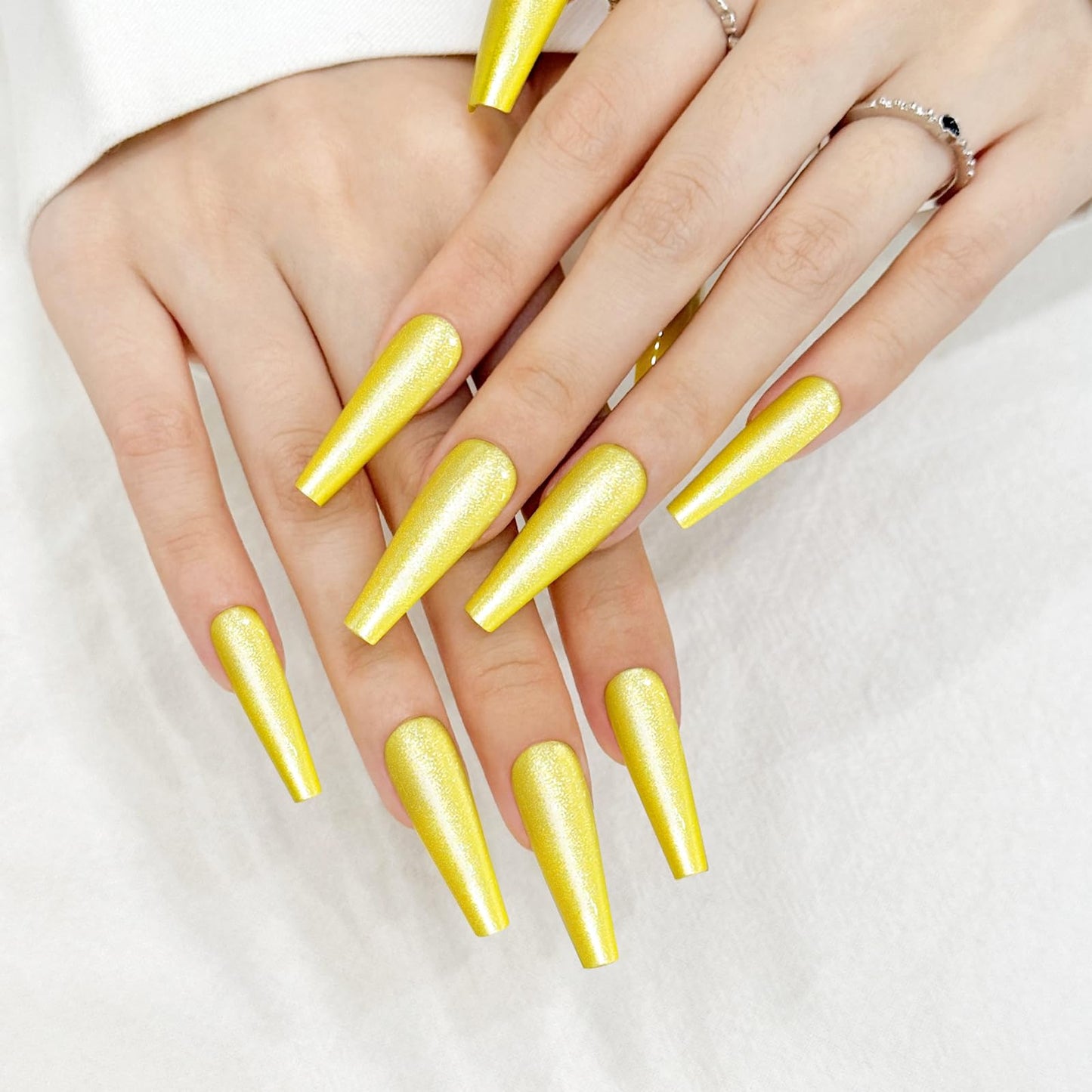 Yellow Cat Eyes Press On Nails,12 Sizes - 24 Pcs Soft Gel Yellow Long Coffin Fake Nails Kit with Nail Glue, Natural Reusable Stick On False Nails for Women and Girls SK1052