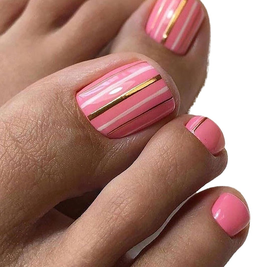 Vezocim Press on Toenails with Gold White Line Designs, 24Pcs Pink Artificial Short Fake Toenails, Glossy Full Cover Acrylic False Nails for Toe, Glue Toenails with Charm for Women