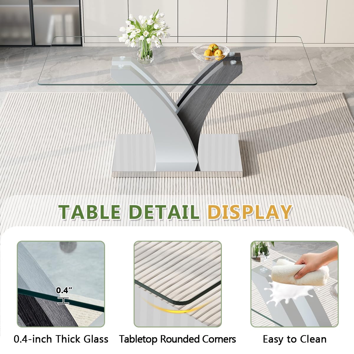 JEARGE Glass Dining Table Set for 6, 7 Piece Dining Room Table Set for 6, 71" Large Kitchen Table Set with Upholstered Chairs, Rectangular Tempered Glass Tabletop with DIY Style Leg