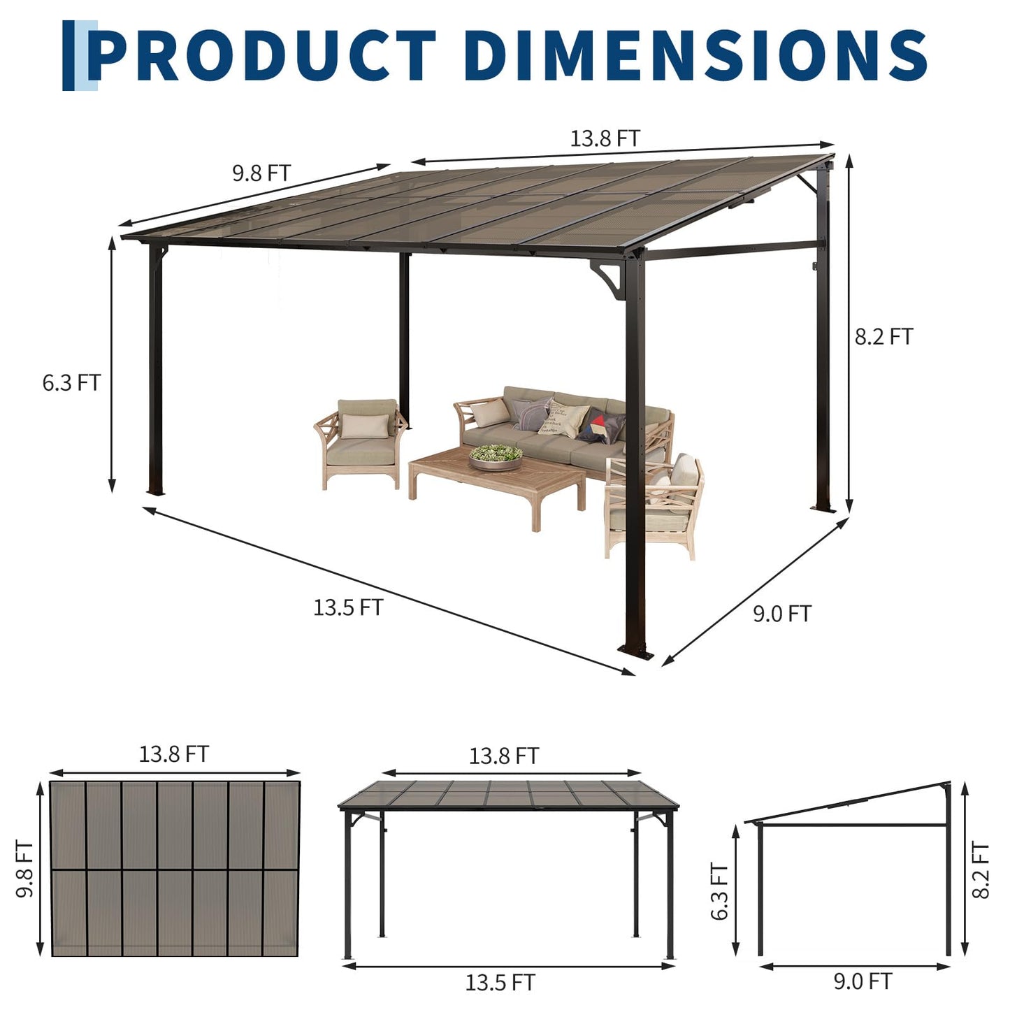 10x14FT Lean to Gazebo, Heavy-Duty Wall-Attached Gazebo with Sturdy Steel Frame, Hardtop Metal Pergola with 6mm Anti-UV Polycarbonate Roof & Pre-Drilled Post Bases, Patio Canopy for Backyard, Deck