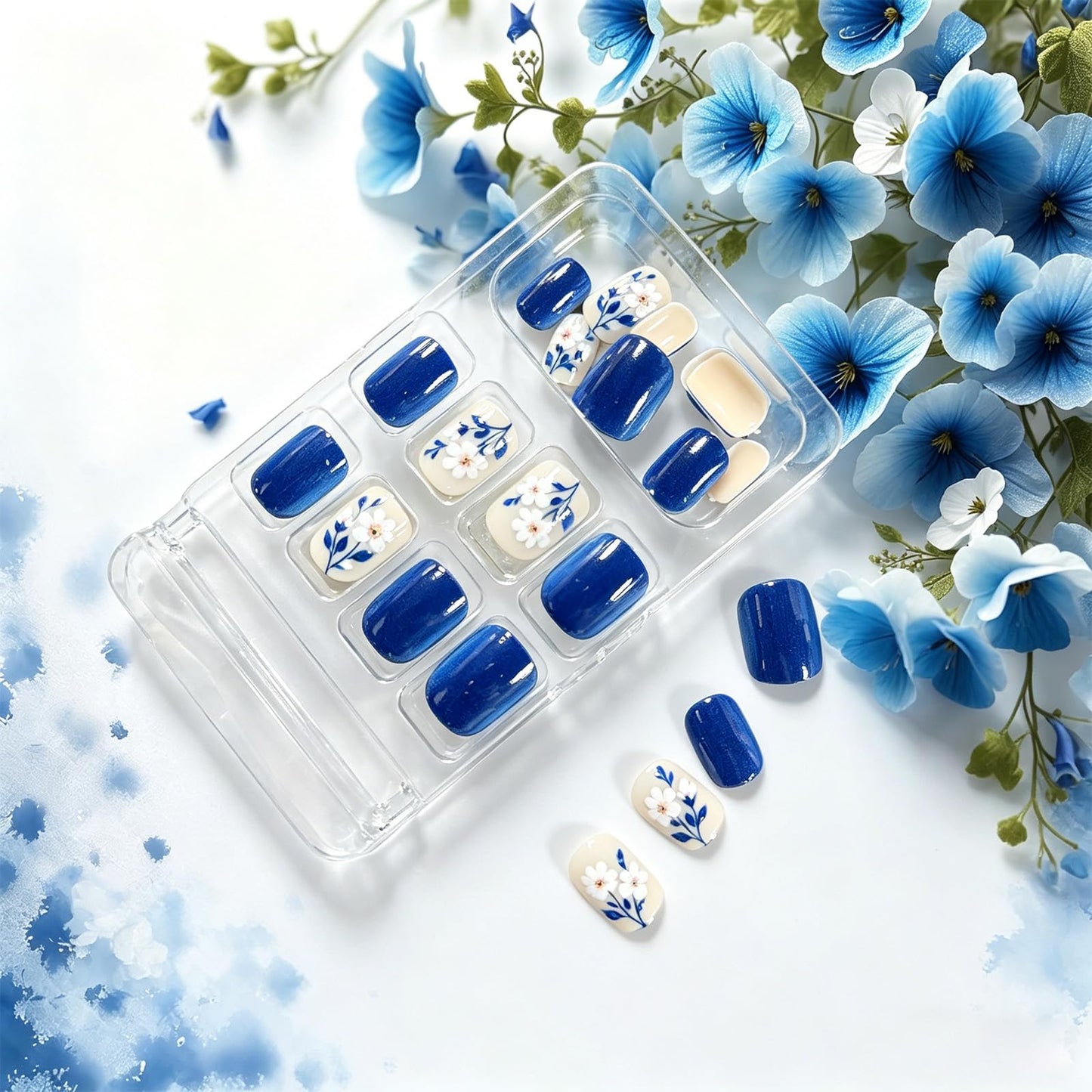 GCSQW Dark Blue Press on Nails Short Square Fake Nails with Cute Flowers Design Glossy Acrylic Nails Press ons, 24Pcs Summer Floral Stick on Nails for Women Manicure Daily Wear