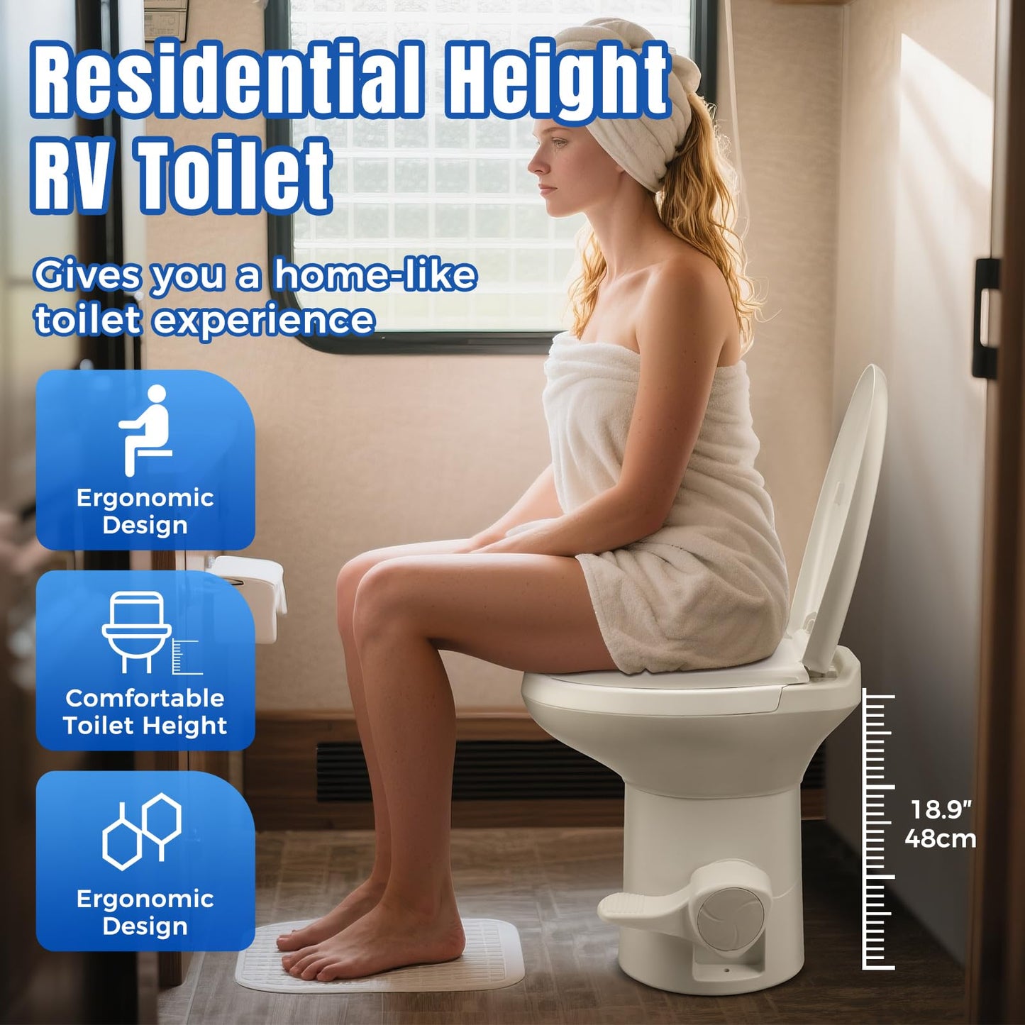 Clirass Efficient Gravity-Flush RV Toilet with Quiet-Close, Triple-Jet Flush with Adjustable Water Level, Standard Height and Foot Pedal for RVs, Trailers, and Campers