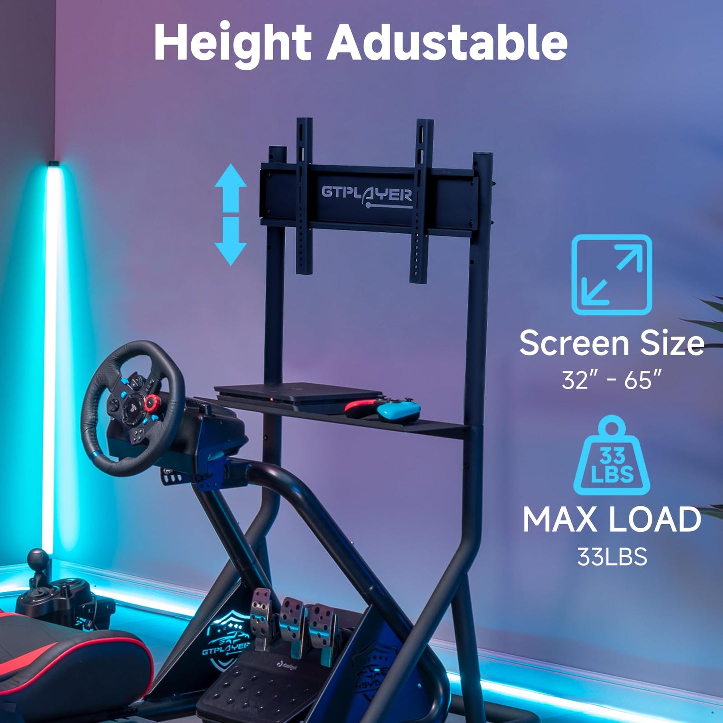 GTPLAYER Monitor Stand Mobile TV Stand with Adjustable Height for 32-65 Inch Display TV Mount Fit for Racing Wheel Stand, Racing Simulator Cockpit, Only Monitor Stand, TV Not Included, Black