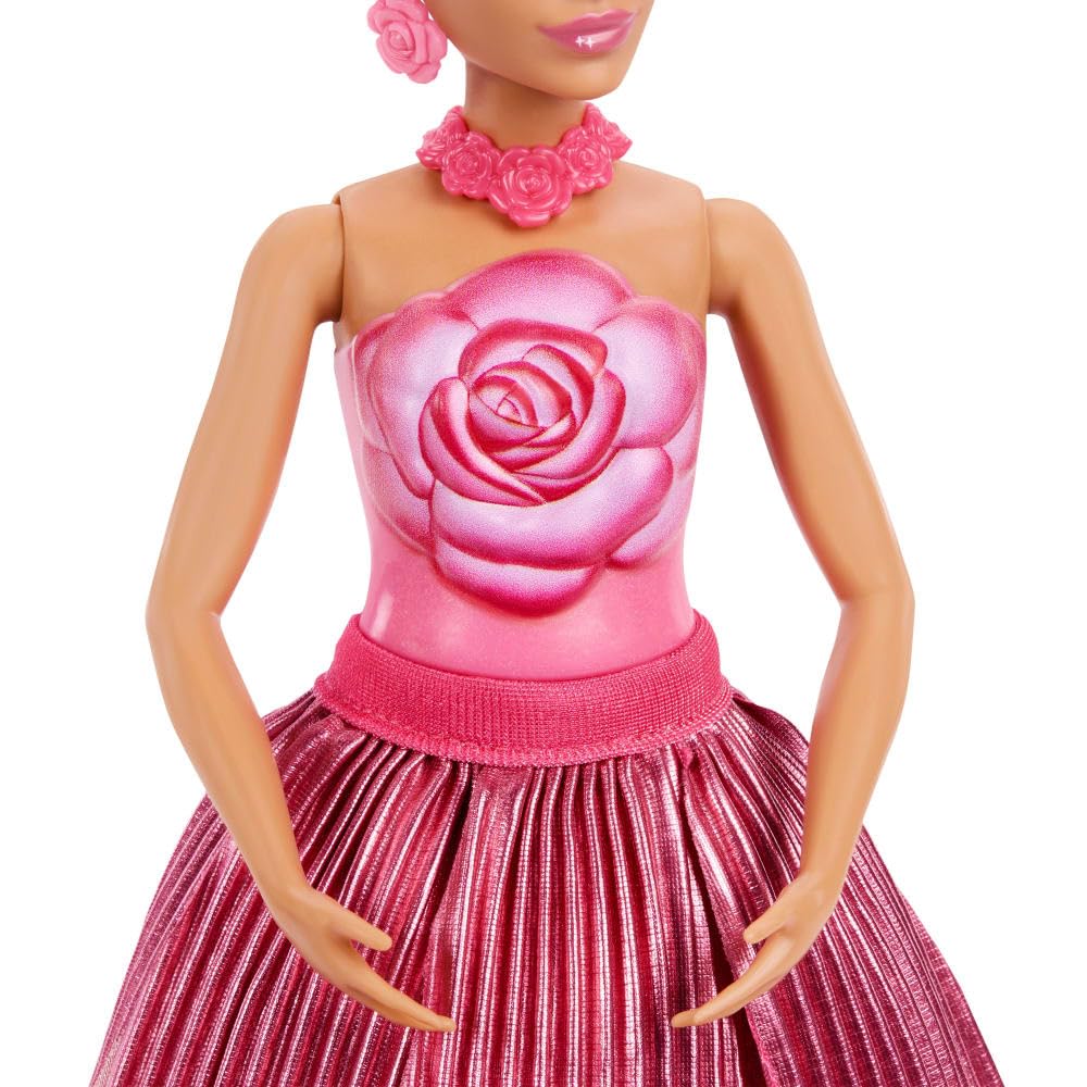 Barbie Petal Pop Scented Doll with Rose Dress & Accessories, Bouquet Reveal with Pet Bunny & Surprises Like Watering Can, Necklace & Earrings