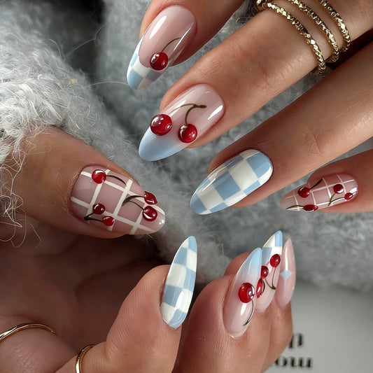 Medium Almond Press on Nails for Women,Cherry & Gingham Check Fake Nails Artificial Stick on Nails