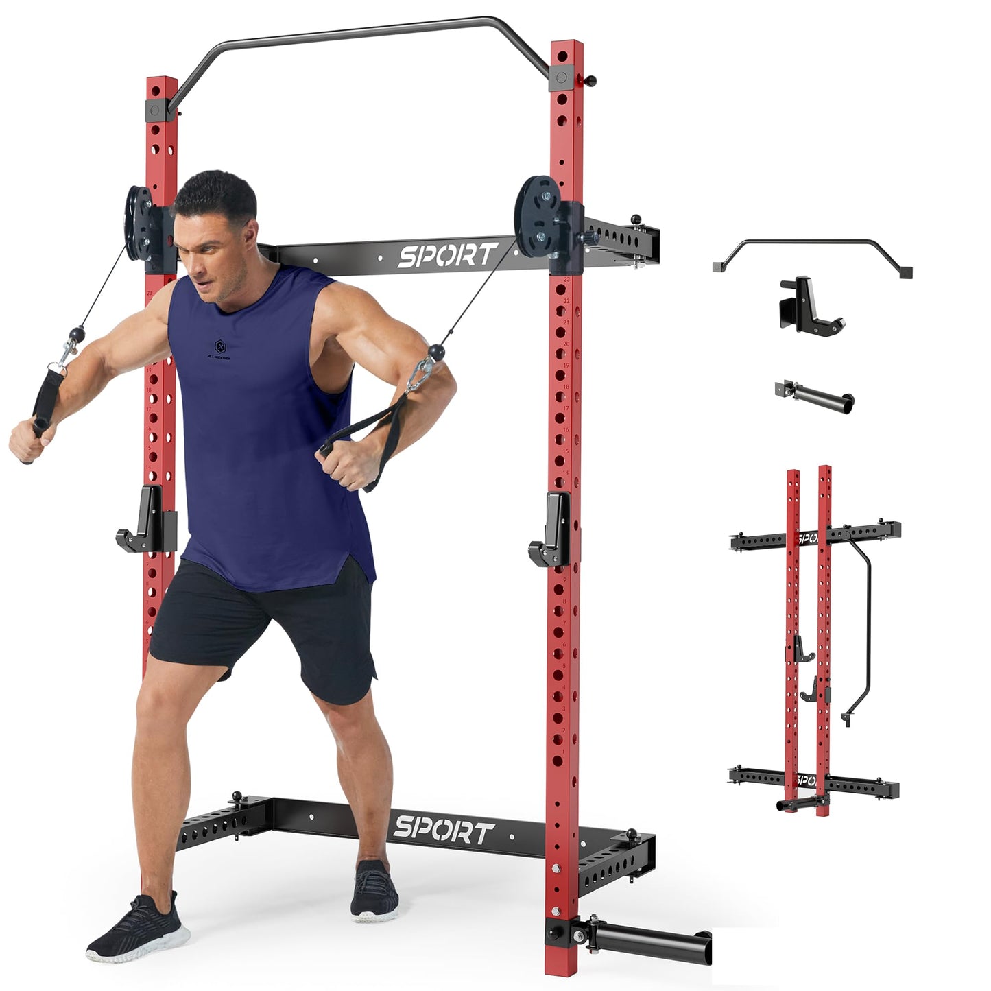 Folding Squat Rack for Home Gym, 1000 LB Capacity Wall Mounted Power Rack with Pull Up Bar, J Hooks and More Attachments, 2.36" x 2.36" Space Saving Multifunction Power Cage, Black/Red