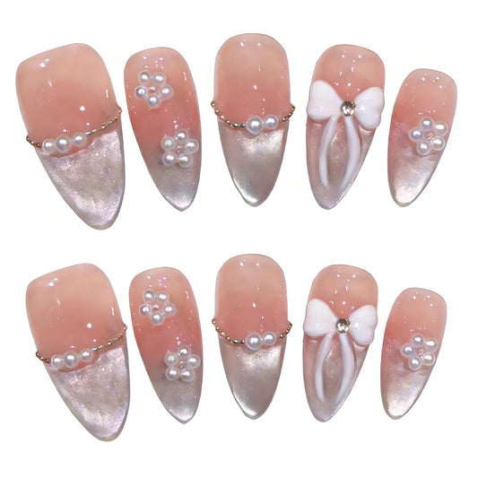 Handmade Press On Nails-3D Almond Cute Bow Cream White And Nude Colors,Wedding Prom And Festival Gift,Thick Acrylic and Muti-Layer Gel Reusable False Nails (L)