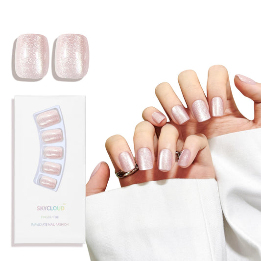 Moon White Cat Eyes Press On Nails,12 Sizes - 24 Pcs Soft Gel White Short Squoval Fake Nails Kit with Nail Glue, Natural Reusable Stick On False Nails for Women and Girls SK1064