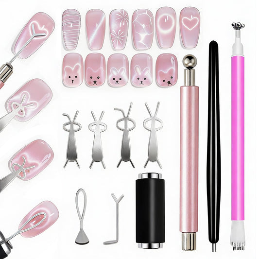 WOKOTO 4 PC Cat Eye Magnets With 6 Pcs Iron Stencils For Nails, Cylinder Nail Magnets With Magnet Ball, Short Cylinder, Point & Flower Nail Polish Magnet For Nails, Heart & Bunny Stencils Magnet Tools