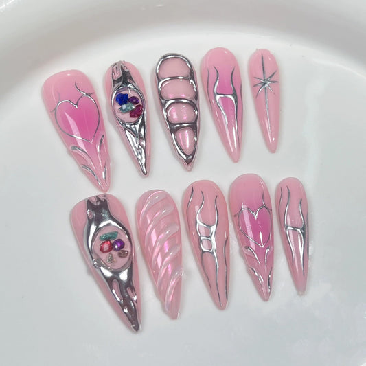 10Pcs Long Press on Nails Handmade Luxury Reusable Fake Nails Pink Almond Ombre False Nails with 3D Design Acrylic Gel Nails Full Cover Stick on Nail for Women (Size M)