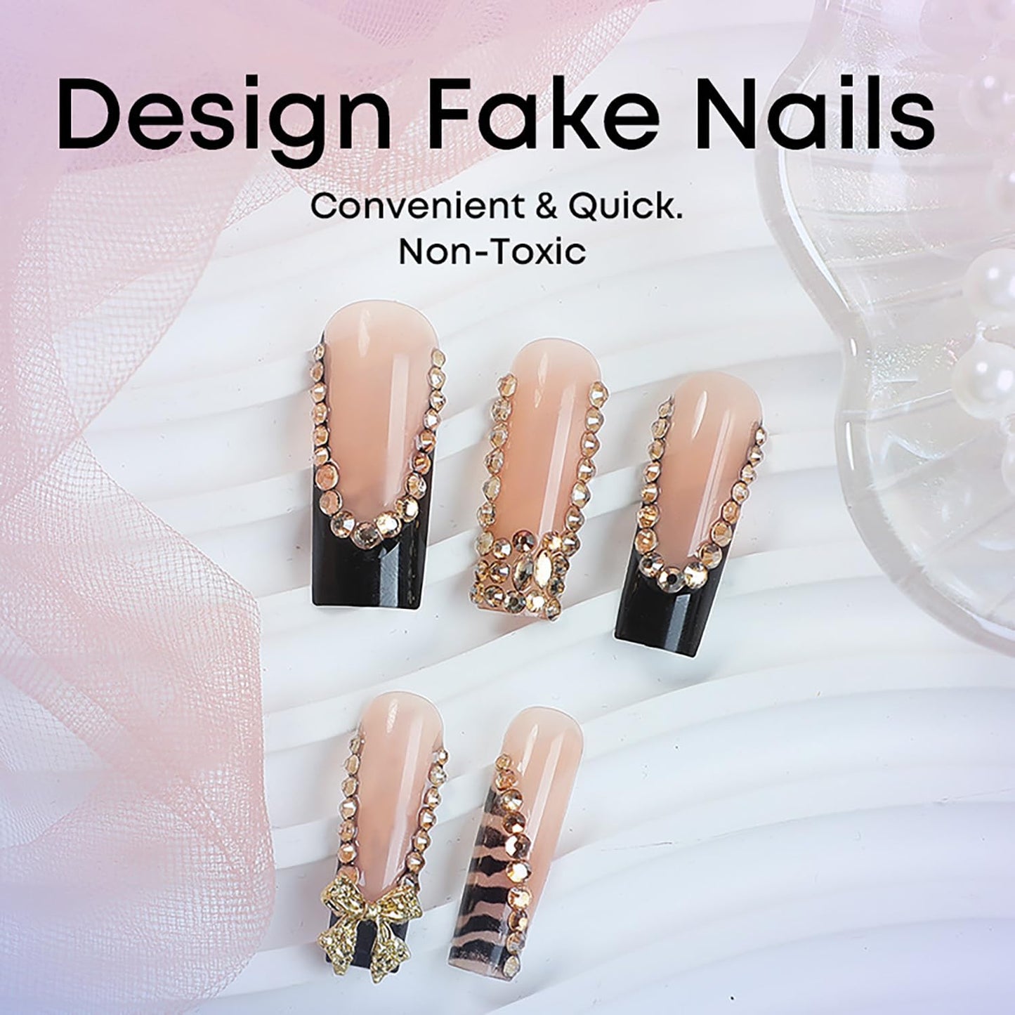 FIEONCIY Press on Nails Long Coffin Shaped Acrylic Glossy Full Cover Long Square French False Nails with Designs Artificial Extra Long Fake Nails with Charms Glue ons Fingernails for Women(XL10277)