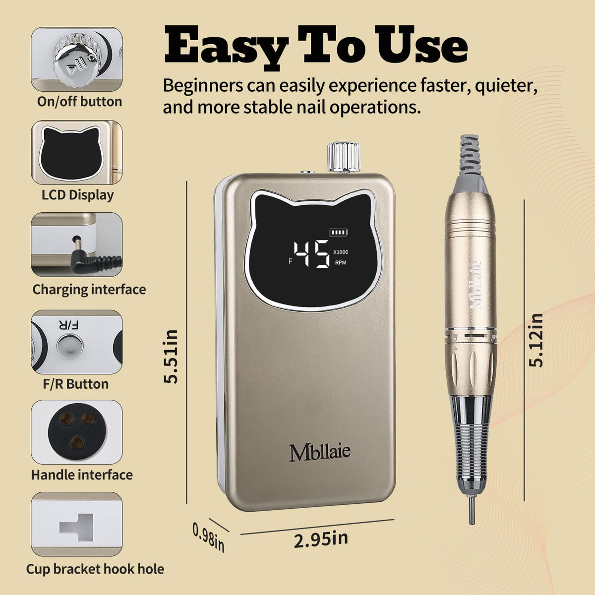 Professional Nail Drill File 45000RPM Electric Portable Kit with Rechargeable 8 uñas Bits Cordless Efile for Gel Acrylic Remover Home Salon Manicure Base Tool (Gold)
