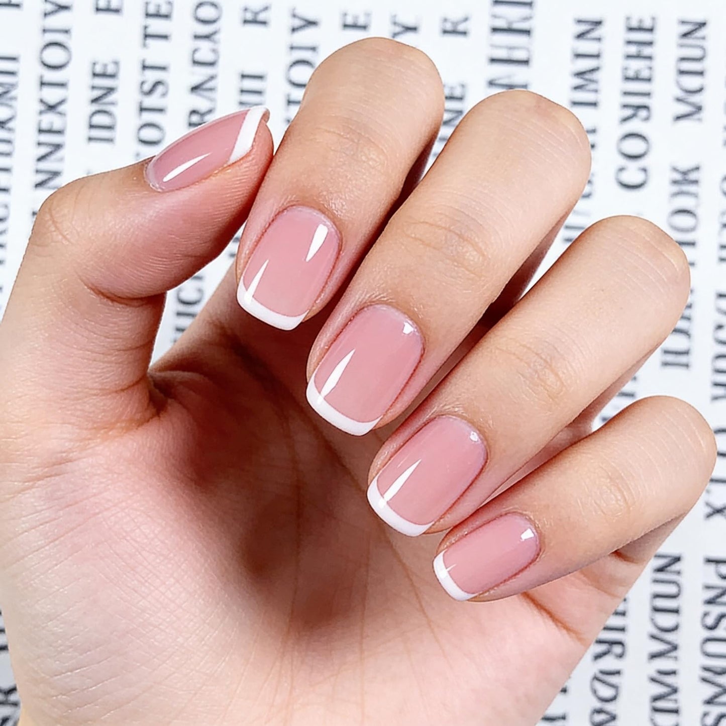 24 Pcs Square Press on Nails White French Tip Fake Nails with Designs Glossy Pink False Nail Stick on Nails Cute Petite Short Full Cover Pure Acrylic Nail for Women Manicure Decorations