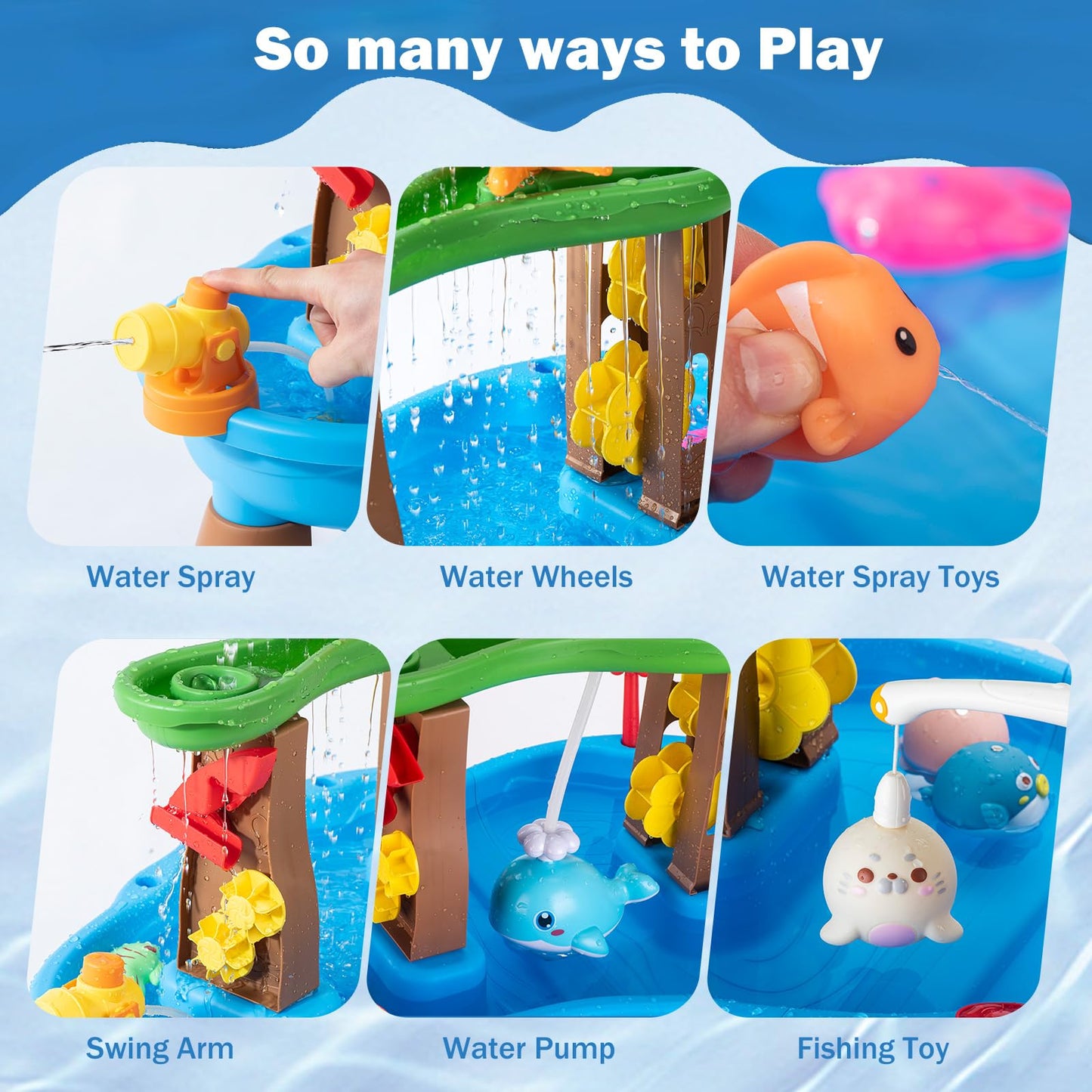 ZACEAC Water Table for Toddlers 3-5 with Umbrella Outdoor Toys for Kids Ages 4-8 Kids Sand Water Table with Fishing Game Set Activity Sensory Table with Water Pump Summer Gift for Kids