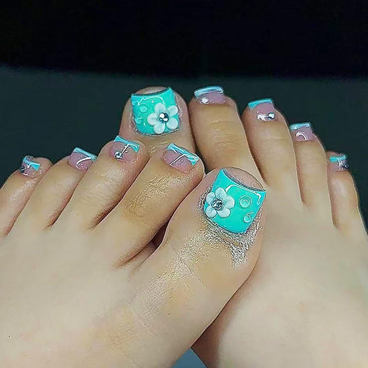 24Pcs Spring Summer Press on Toenails,Short Square Fake Toe Nails Green French with 3D Flower Rhinestones Designs Acrylic Toe Nail Press Ons Full Cover Glossy Stick on Toenails for Women