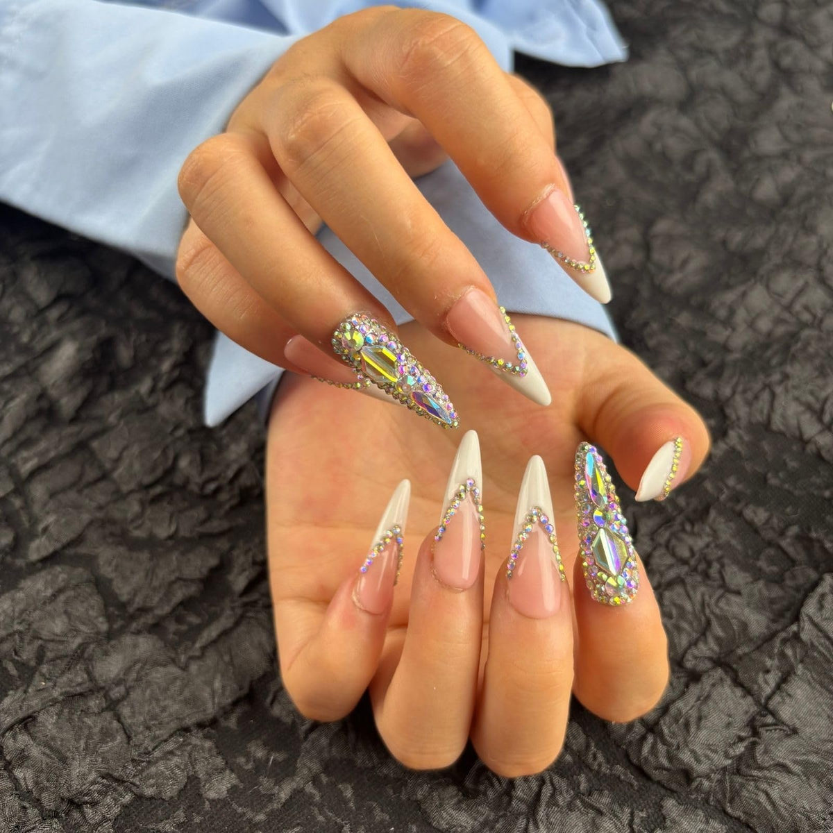 Yabonica Handmade French Tip Press On Nails Stiletto,10Pcs False Nails Press Ons with 3D Bling Rhinestones Design,Long Lasting&Reusable Glue On Fake Nail for Woman Girls Party Daily Wear Gift (039S)