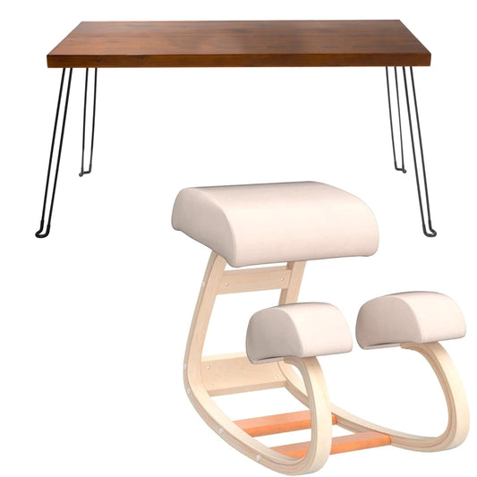 Sleekform Wooden Folding Desk, Small Folding Table Portable with Collapsible Hairpin Legs, Austin Kneeling Chair, Home Office Ergonomic Computer Desk Stool
