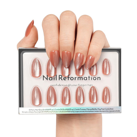 Nail Reformation Press On Nails, Amber Gold Short Almond Fake Nails with Cat Eye Velvet Finish, Natural Reusable Opaque Stick On Nails in 16 Sizes - 32 Nail Kit with Glue, Manicure Gifts for Women