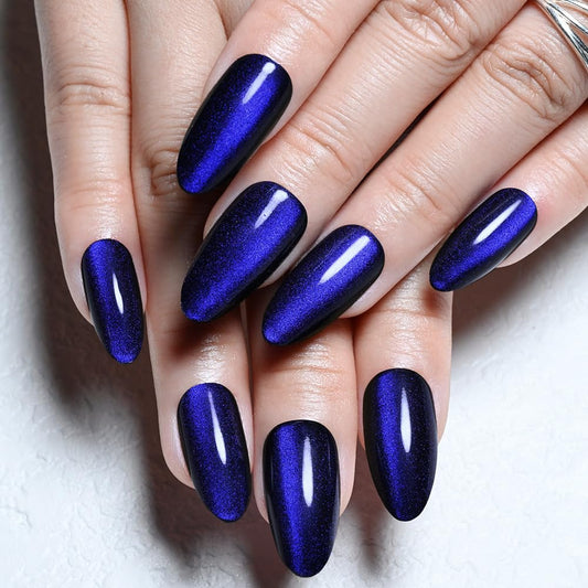 evpct Royal Blue Cat Eye Chrome Press on Nails Almond Medium No Glue, Holographic Medium Almond Stick on Fake Nails for Women, Glossy Cat Eye Effect, Perfectly Fit Salon-quality Soft False Nail