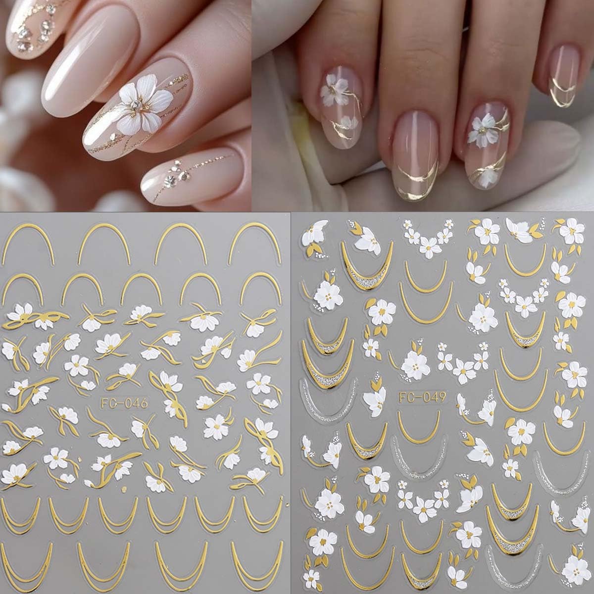 6 Sheets Flower Nail Stickers with Gold Silver Glitter Line Design Nail Decals 3D Self-Adhesive White Floral Nail Art Stickers Spring Summer Nail Decoration for Women DIY Manicure Supplies