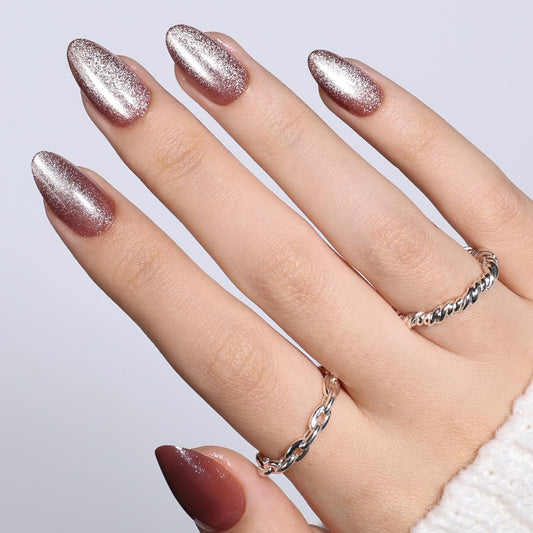 Brown Cat Eye Press On Nails Almond - Brown Short Almond Fake Nails, Cateye Press On Nails Reusable Stick On Nails in 16 Sizes, 32pcs False Nail Kit for Women & Girls (Mocha Glow)