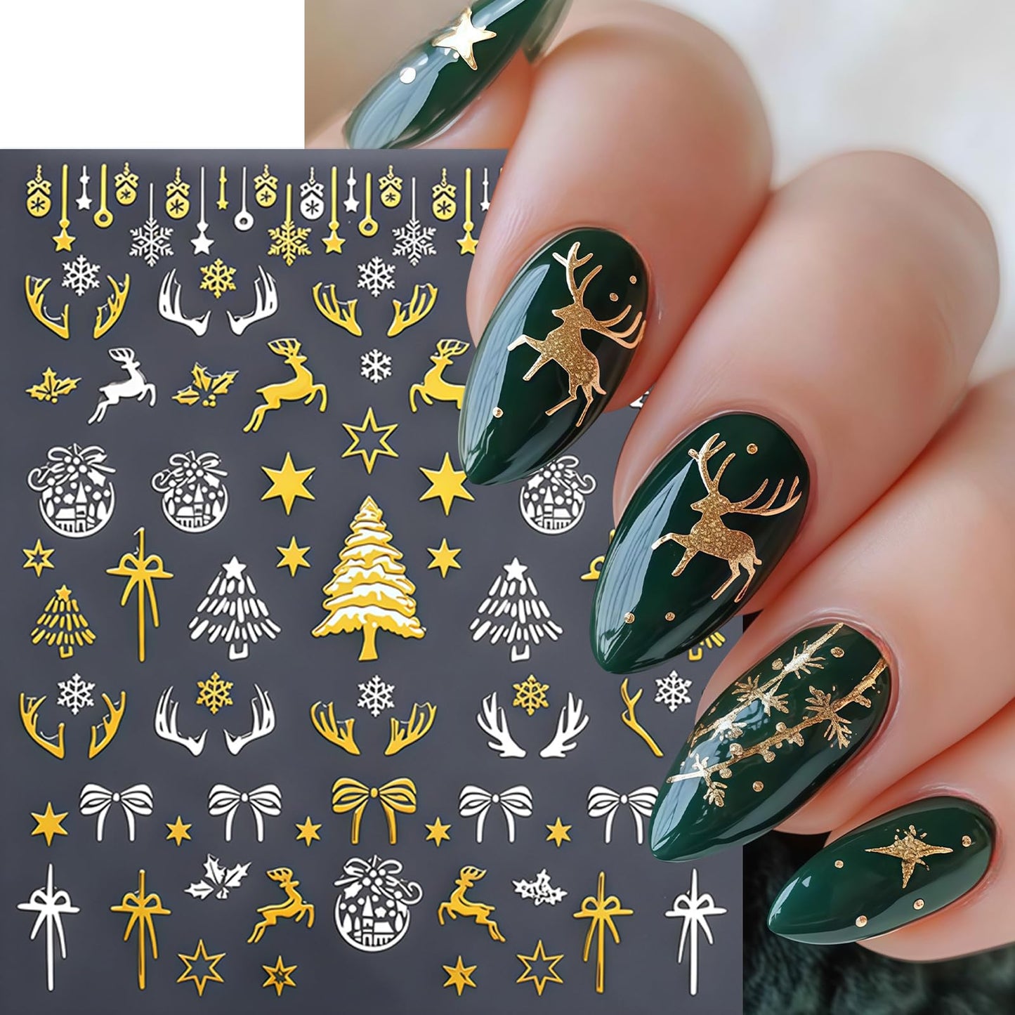 8 Sheets Glitter Christmas Nail Art Stickers Gold Snowflake Nail Decals Santa Claus Gingerbread Man Star Nail Design Snowmen Plaid Bow Christmas Lights Nail Supplies for Women DIY Nails Accessories