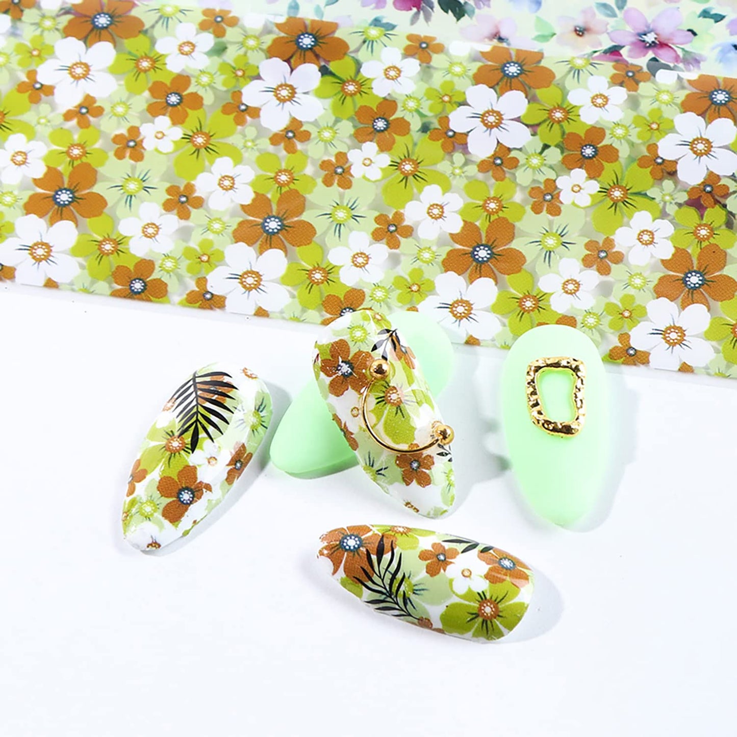 Flowers Nail Foil Transfer Stickers Decals, Flower Nail Transfer Foils Sticker Designs Spring Floral Sky Starry Paper Nail Art Decals Acrylic Nails Supplies for Women Girls Manicure Tips Decorations